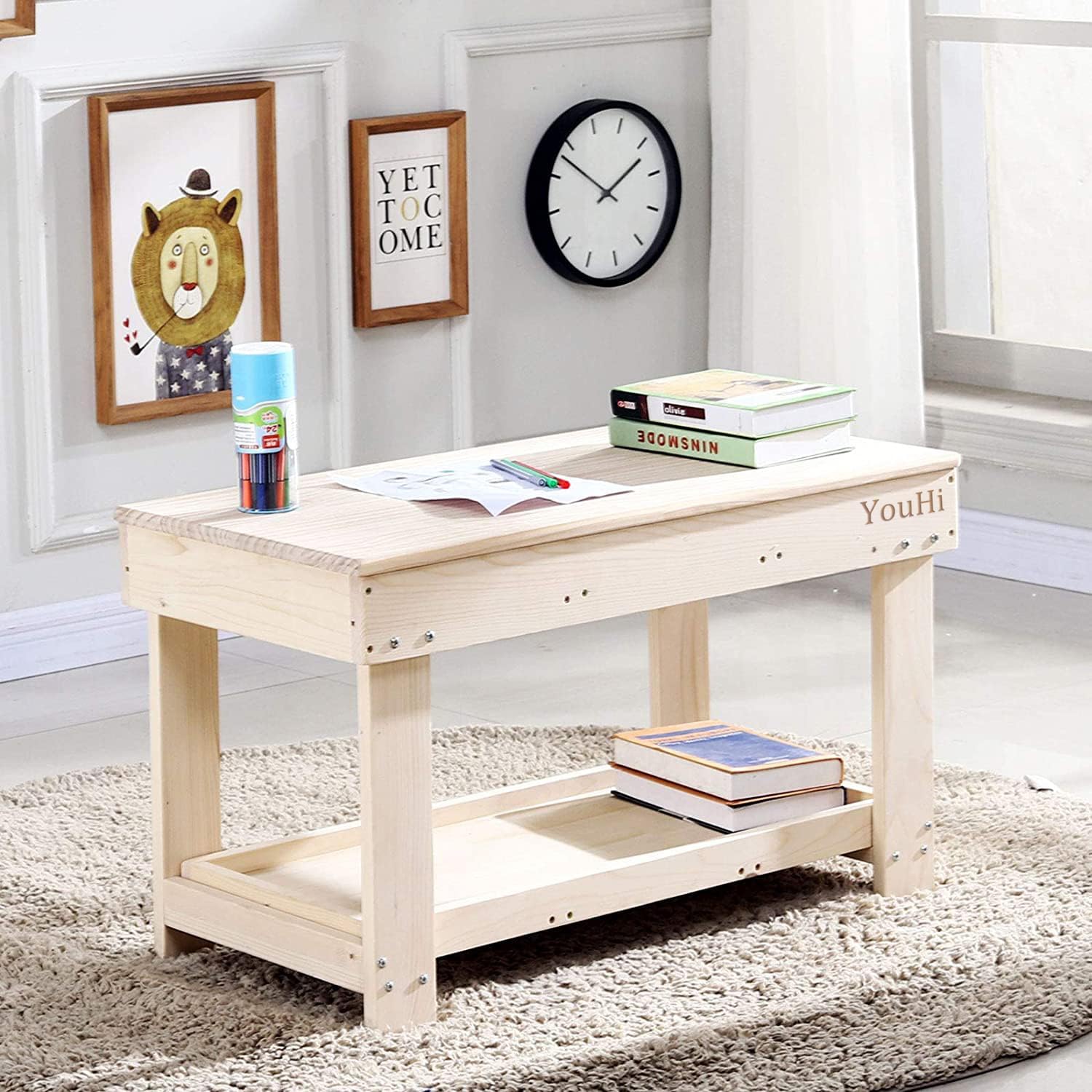 YouHi Kids Activity Table with Board and Storage for Bricks Activity Play Table (Wood Color)