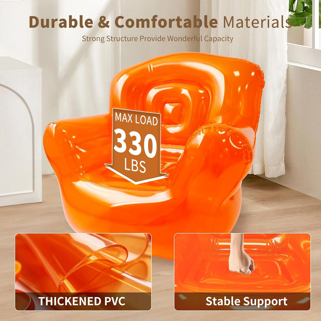 Inflatable Chair Blow Up Sofa with Electric Pump, Transparent PVC Couch Single Seat for Adults, Indoor Outdoor Furniture Air Sofa for Bedroom Camping Pool 300LB (Orange)