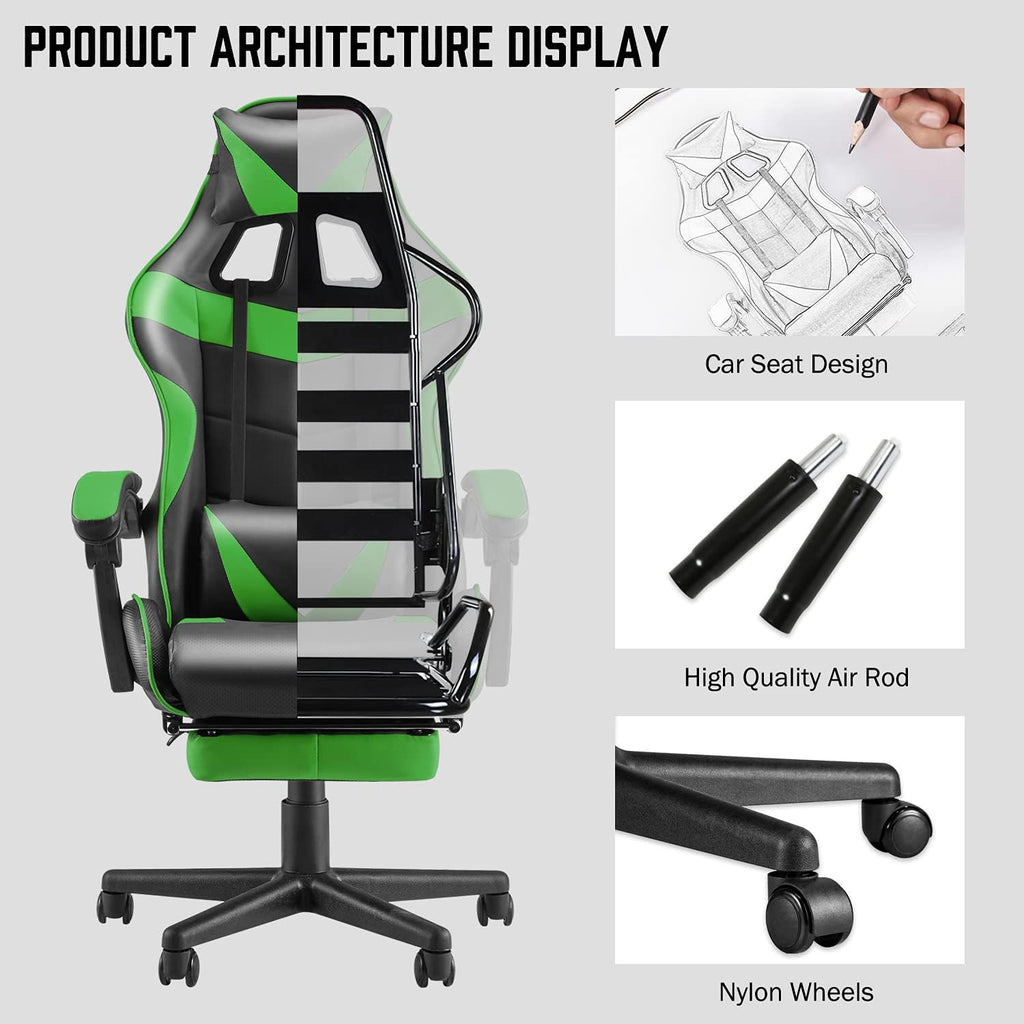 Huracan Gaming Computer Chair with Footrest, Adjustable Video Game Chairs for Adults, Heavy Duty Office Chair with Headrest and Lumbar Support, Green