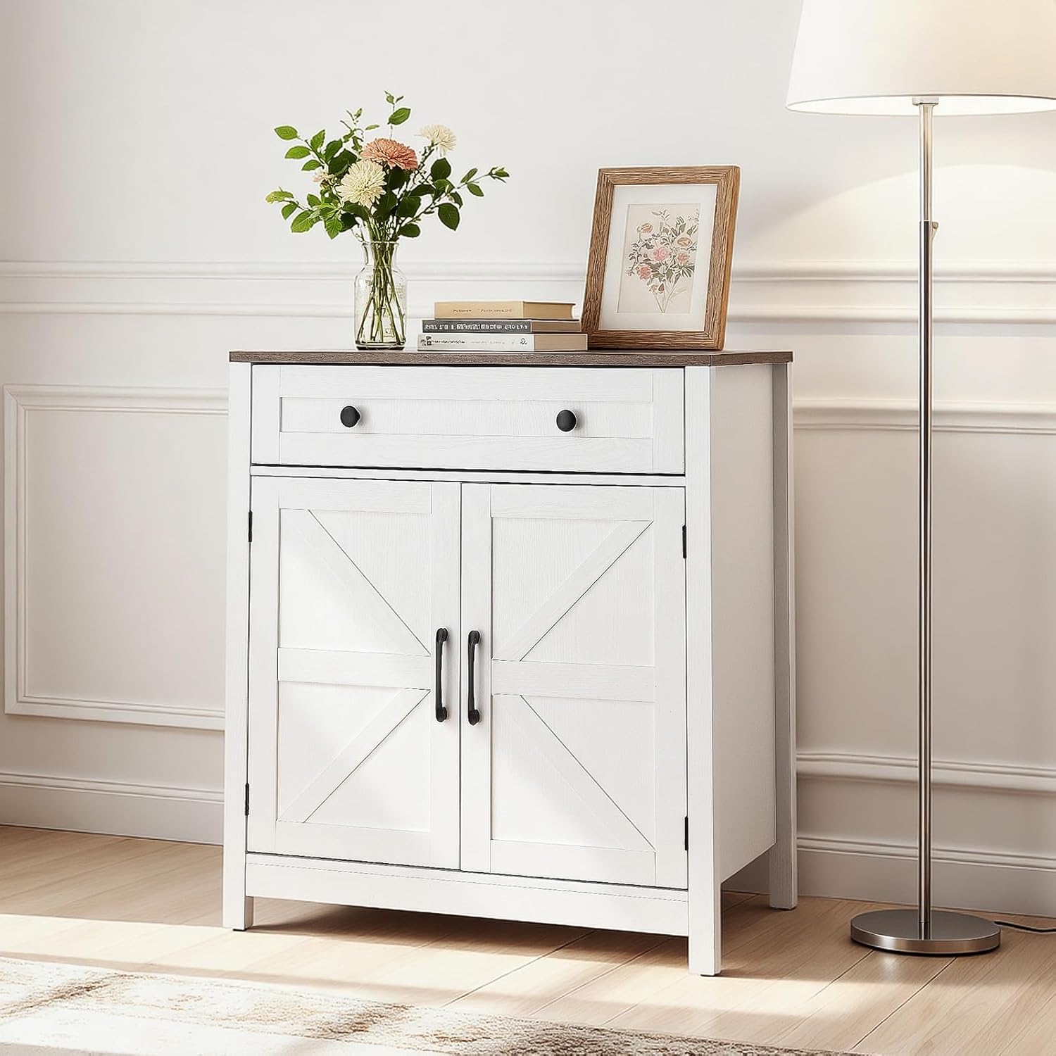 VEVOR Buffet Cabinet, Farmhouse Sideboard Cabinet with Drawer, 30" Coffee Bar Cabinet with Adjustable Shelves & 2 Barn Door, Sideboard Buffet Station for Living Room, Entryway, Kitchen, White