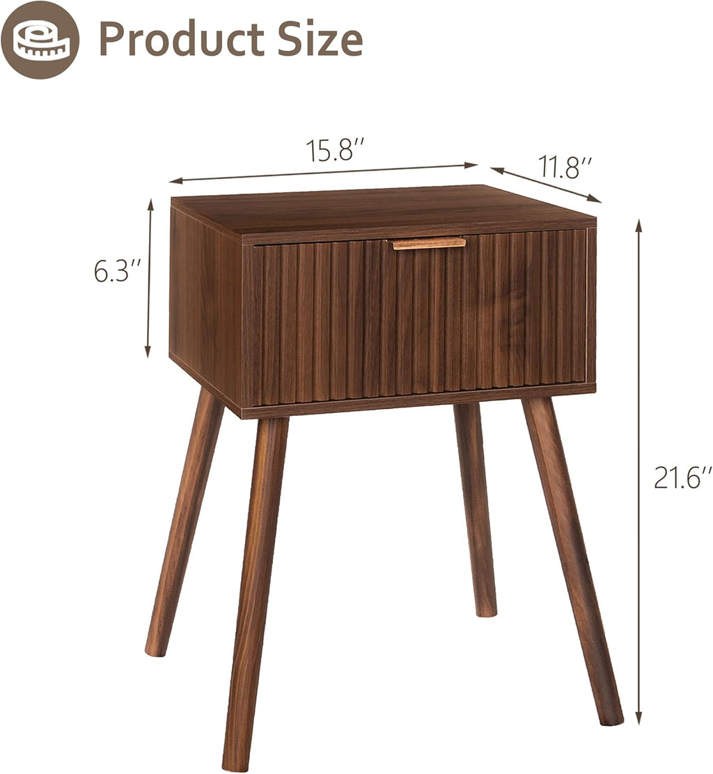 AWASEN Night Stand, Small End Tables Living Room, Mid Century Modern Nightstand Accent Bedside Table with Fluted Drawer for Bedroom and Small Space, Walnut Brown
