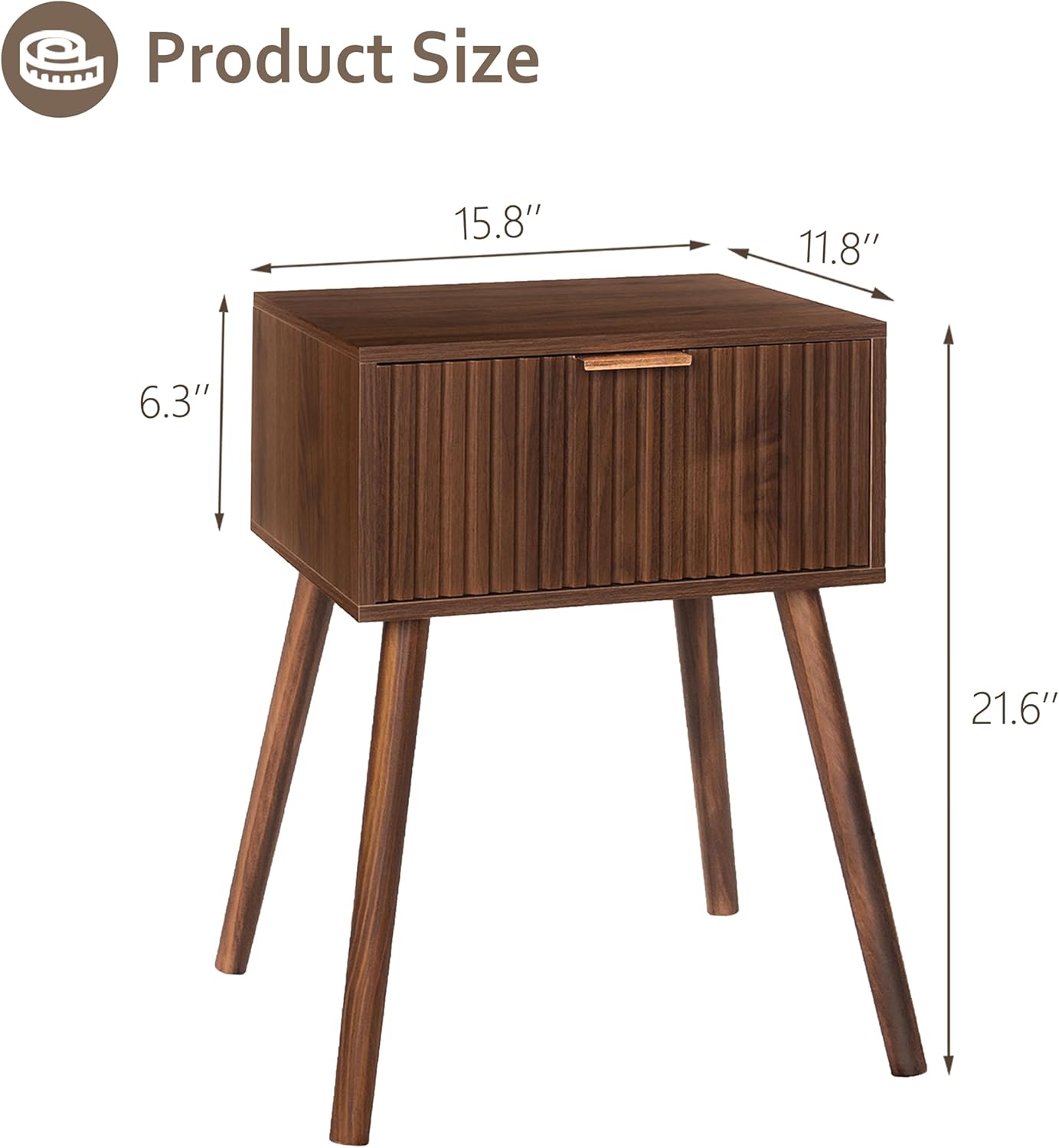 AWASEN Night Stand, Small End Tables Living Room, Mid Century Modern Nightstand Accent Bedside Table with Fluted Drawer for Bedroom and Small Space, Walnut Brown