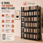 Bolt-Free 6 Tier Metal Bookshelf, 2 in 1 Adjustable Tall Bookcase, 1800LBS Heavy Duty Deep Book Shelf, Industrial Black Wide Bookshelf, Modern Book Shelves for Bedroom, Living Room, 40"W x16"D x 82"H