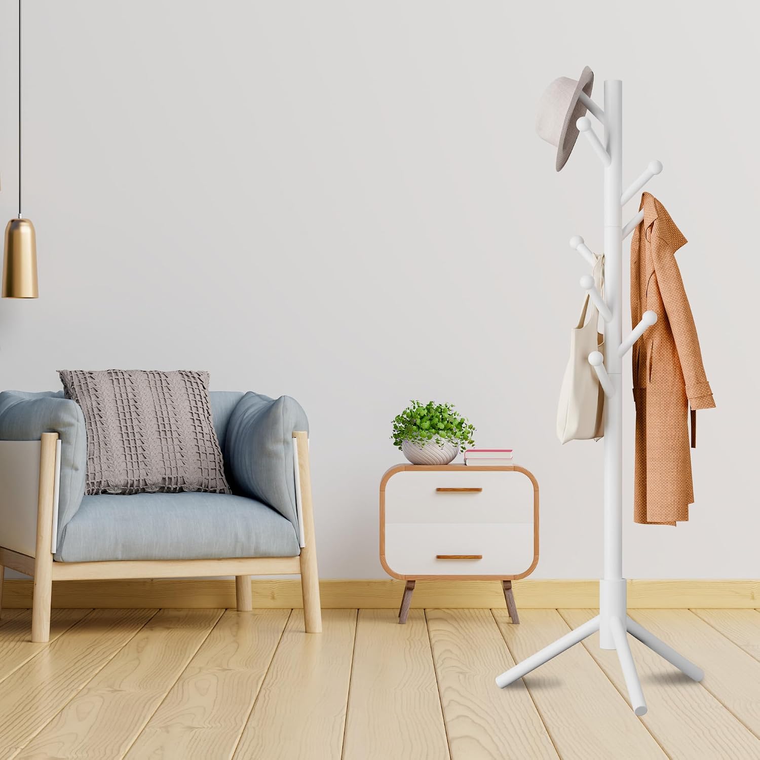 8-Hook Freestanding Coat Rack 3 Heights Safe Round Tips White | Smooth Round Tips Prevent Slipping,Tool-Free Assembly,Holds Clothes Hats Handbags,Ideal for Entryway Bedroom Hallway Office