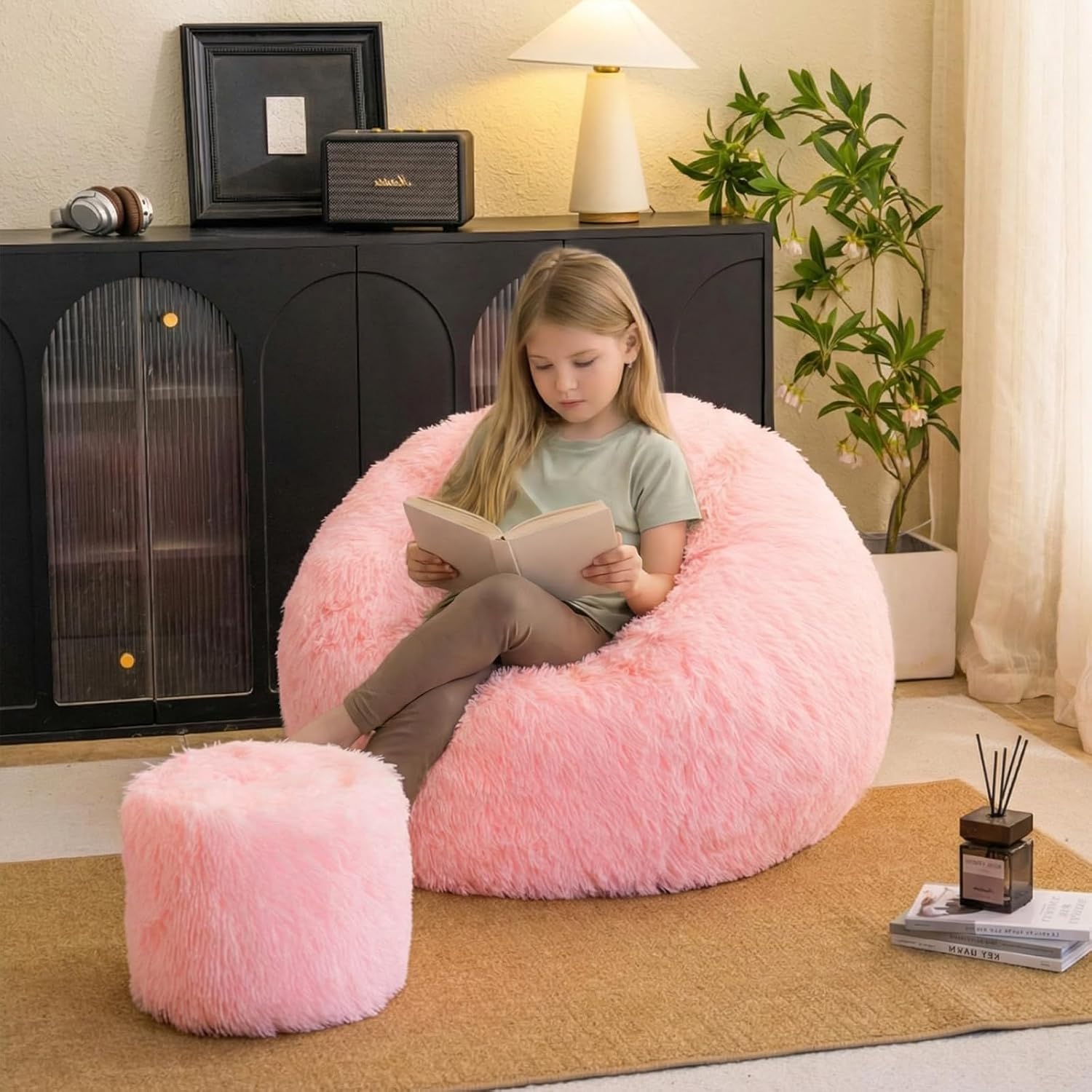 Pink fluffy bean bag chair covers (No Filler), comfy Plush Pink bean bag chair Cover for bedroom, stuffed animal Storage, kids adults teens girls bean bag chairs, Anti-Slip