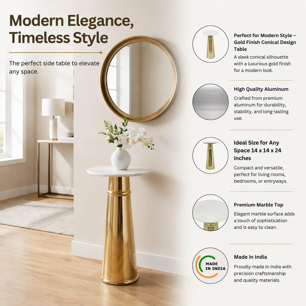 Gold Side Table with White Marble Top | Decorative Modern End Table | Pedestal Metal Base | Accent Table for Living Room | 14x14x24