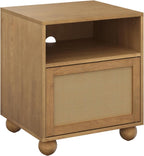 Nathan James Franco Faux Rattan Side Table Nightstand with Storage, Rustic Bedside Table with Solid Wood Legs, Light Brown