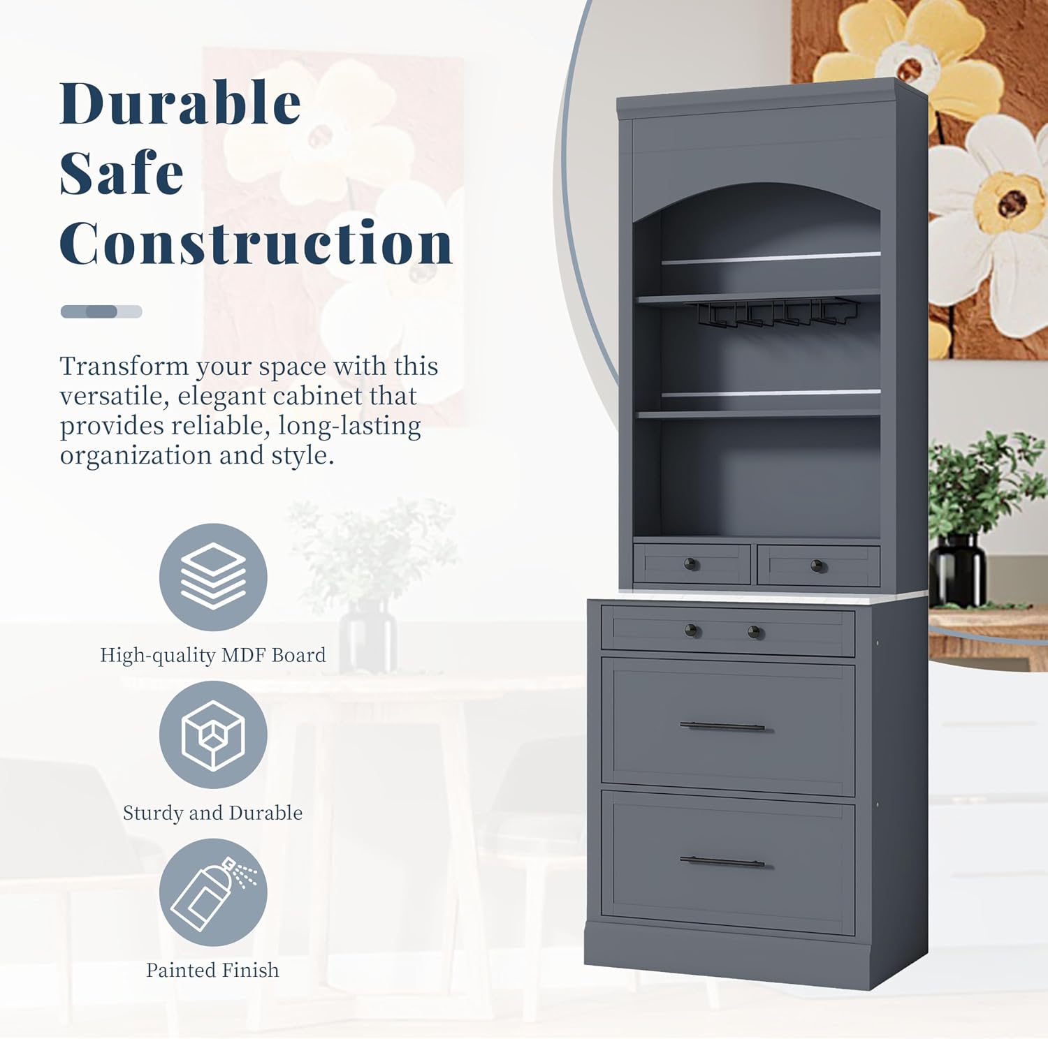 Modern 28.7x17.5x83.7 Inch Tall Kitchen Pantry Cabinet, Freestanding Hutch with Faux Marble Top, 5 Drawers & Adjustable Shelf, Glass Holders, Space-Saving Storage for Kitchen/Dining Room (1, Gray)