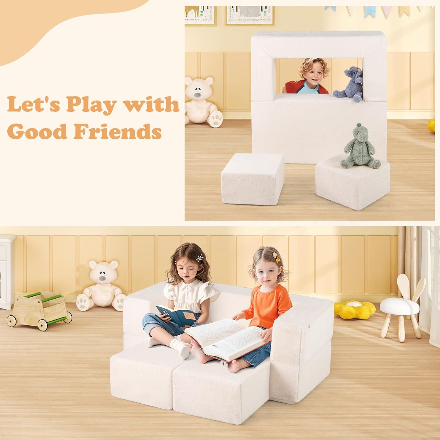 INFANS Modular Kids Play Couch, Toddler Sectional Fort Building Sofa for Playroom, Bedroom, Convertible Soft Foam Furniture Playset and Floor Cushion for Boys and Girls (Beige)