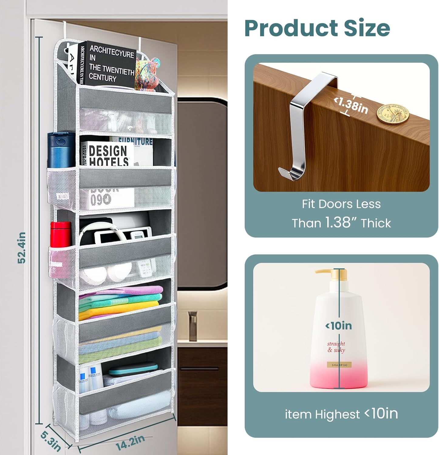 Easy Assembly Over The Door Organizer, 6 Shelves& 10 Side Pockets, Heavy-Duty Reinforced Mesh Rack Holds 44lb, Hanging Behind Door Storage for Bathroom Pantry, Nursery, Closet, Shoes, Towels-Grey