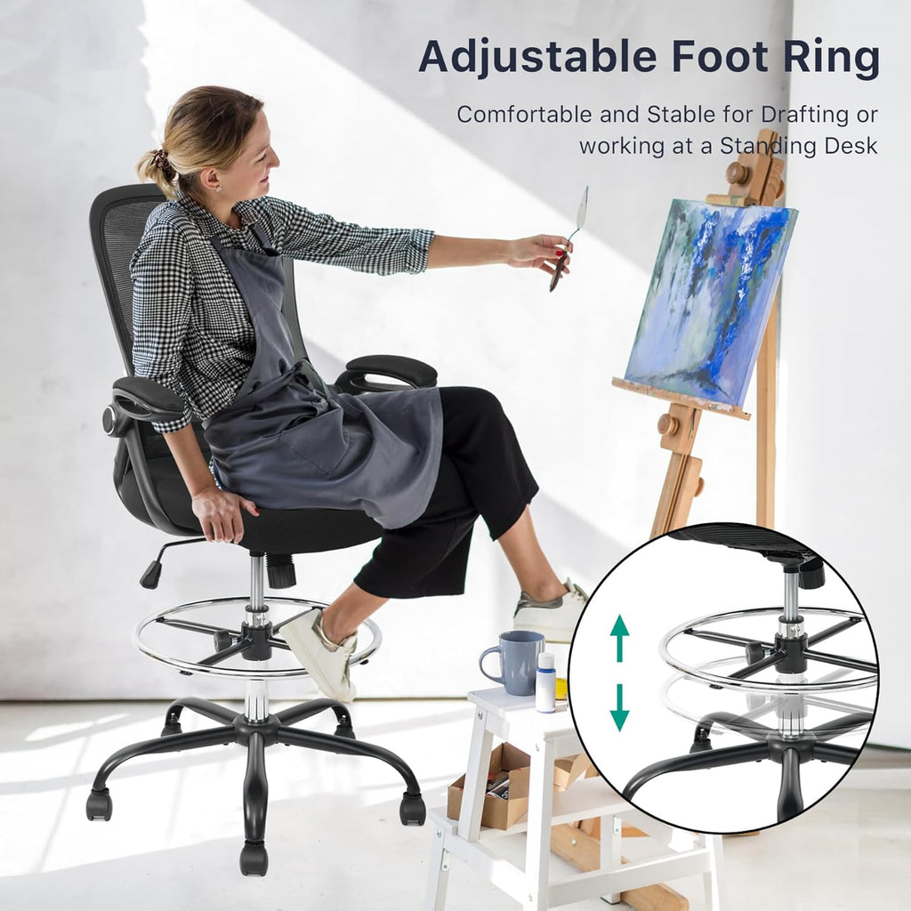 HYLONE Drafting Chair Tall Office Chair High-Back Mesh Standing Desk Stool with Adjustable Footrest Ring and Flip-Up Arms Black