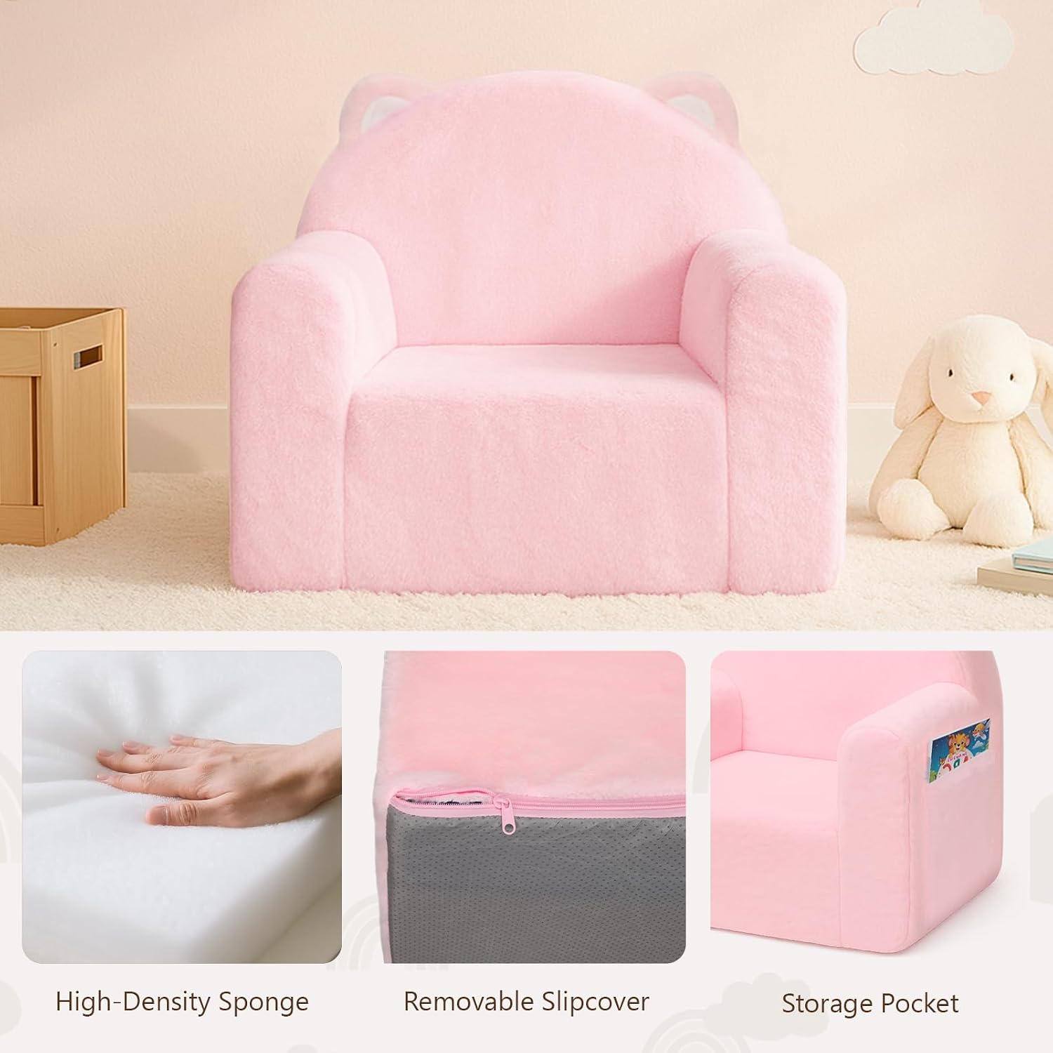 MONKISS Comfy Toddler Chair, Cute Toddler Foam Couch, High Back Kids Reading Armchairs, Birthday Gifts for Boys and Girls, 1-6 Years Old, Pink Cat