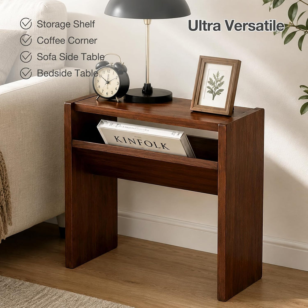 2-in-1 C-Shaped End Table & Side Table, Solid Rubberwood Side Table with Storage Shelf, Small End Table for Sofa Couch, Mid-Century Narrow Nightstand for Living Room Bedroom & Small Spaces