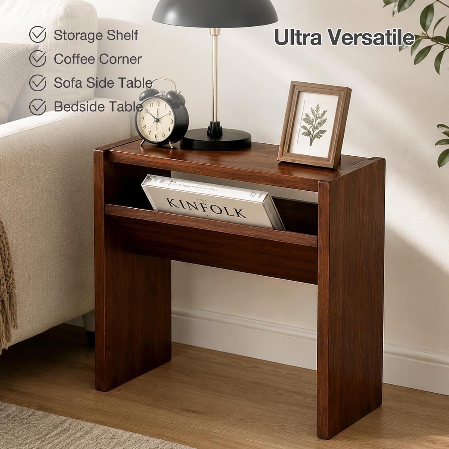 2-in-1 C-Shaped End Table & Side Table, Solid Rubberwood Side Table with Storage Shelf, Small End Table for Sofa Couch, Mid-Century Narrow Nightstand for Living Room Bedroom & Small Spaces