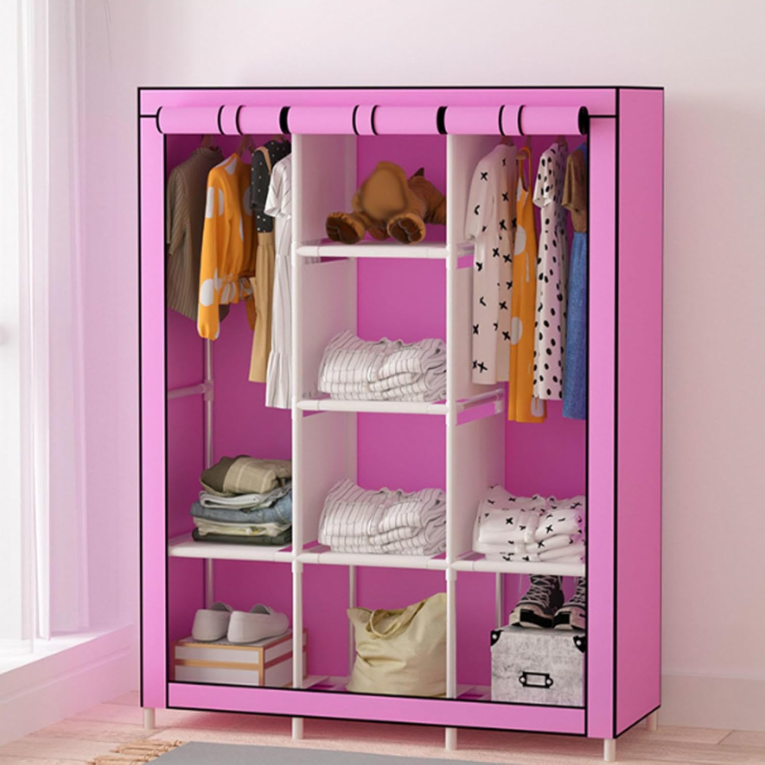 Portable Canvas Wardrobe with Hanging Rail and Shelves - Fabric Wardrobe for Bedroom, Portable Wardrobe Shelves - Organize Your Clothes Easily