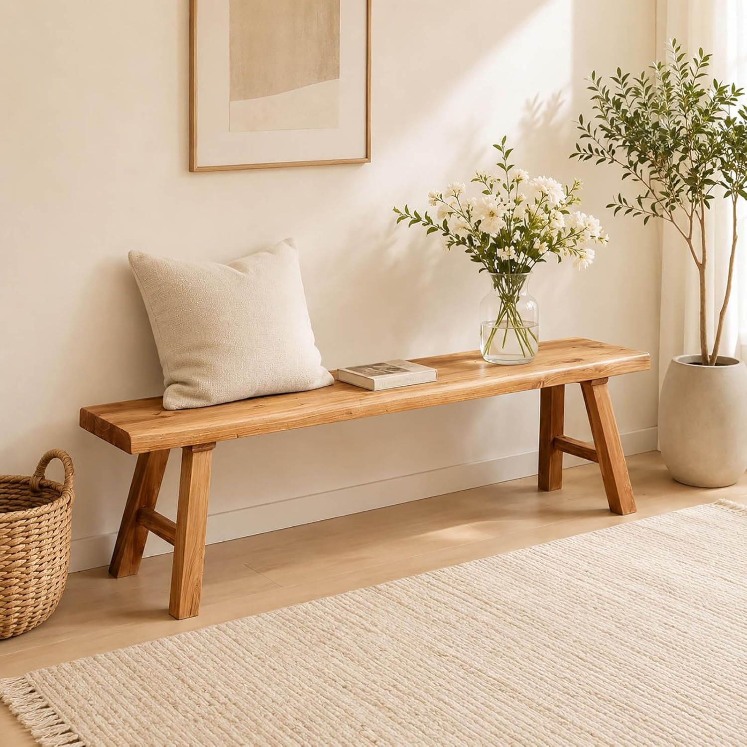 Farmhouse Solid Wooden Narrow Bench Natural Rustic Kitchen Dining Table Skinny Entryway Shoe Benches 47.2/62.9/70.8/78.8 In End of Bed Bench Dining Bench Shoe Bench For Hallway(59x10.2x17.7in)