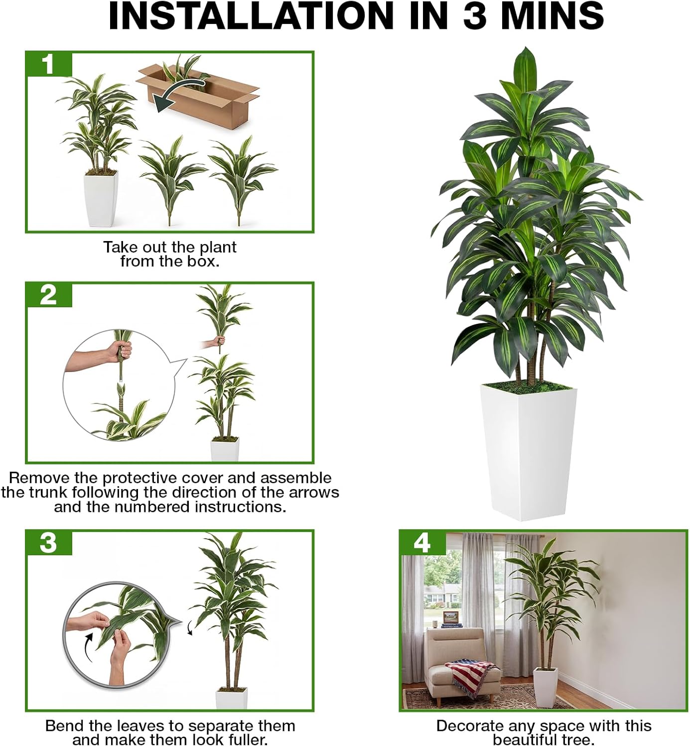 Artificial Dracaena Tree 5FT Tall, Faux Dracaena Tree Indoor, Fake Yucca Plant Potted, Tropical Floor Plant with Lifelike Leaves for Home Office Living Room Indoor Outdoor Decor
