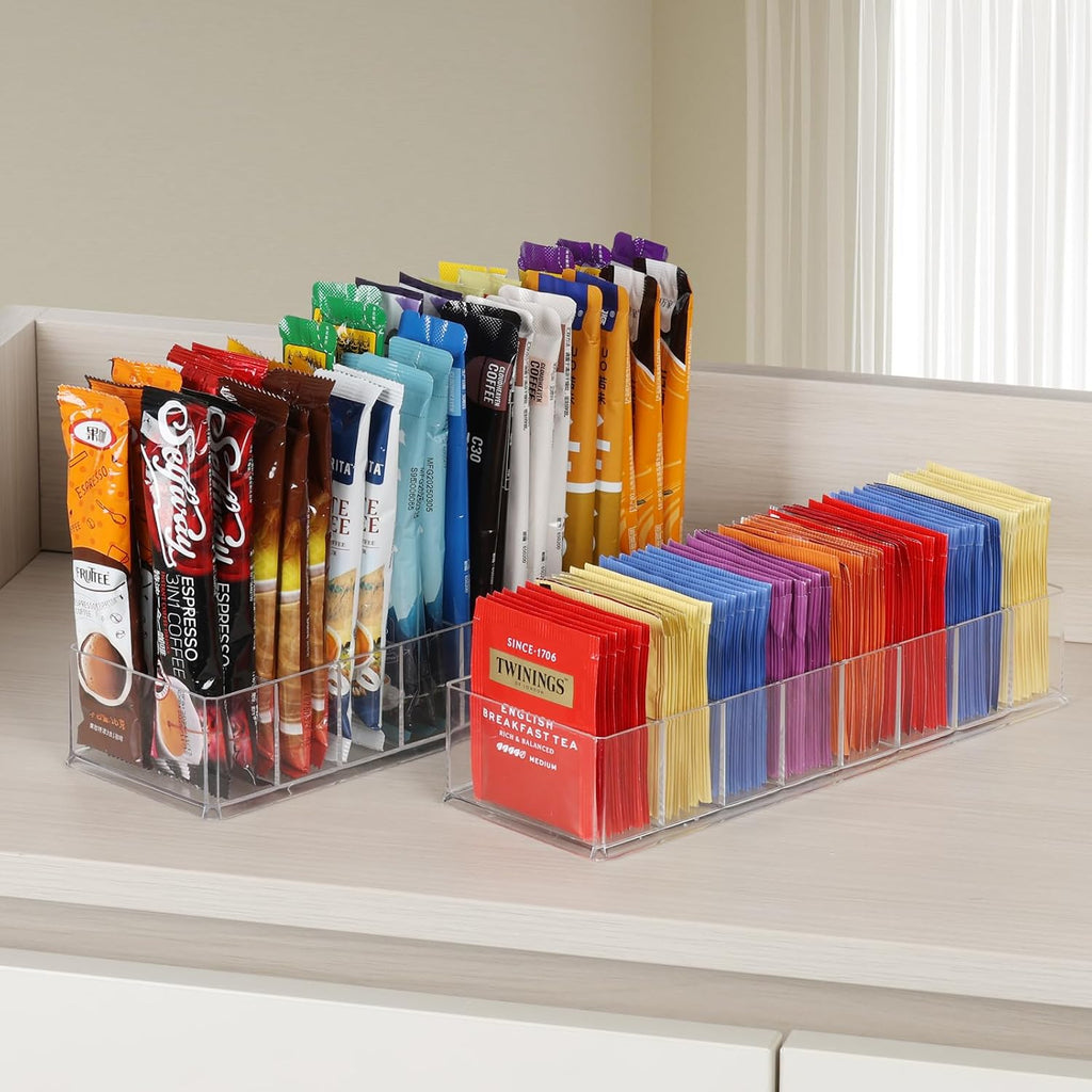 6-Pack Tea Bag Organizer Tea Organizer 8-Compartment Tea Bag Holder Clear | Tea Bag Holder; Kitchen Drawer Organizer; Clear Plastic; 8 Compartments; Non-Slip Pads; Fits Drawers, Cabinets & Countertops
