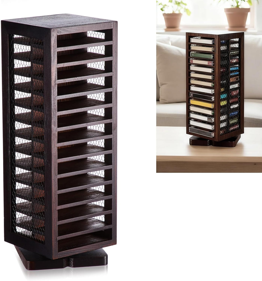 Ripeng Cassette Tape Holder, 28 Capacity 360° Rotating Double Sided Storage Rack, Rustic Brown Metal & Wood Display Shelf for Home, Music Studio