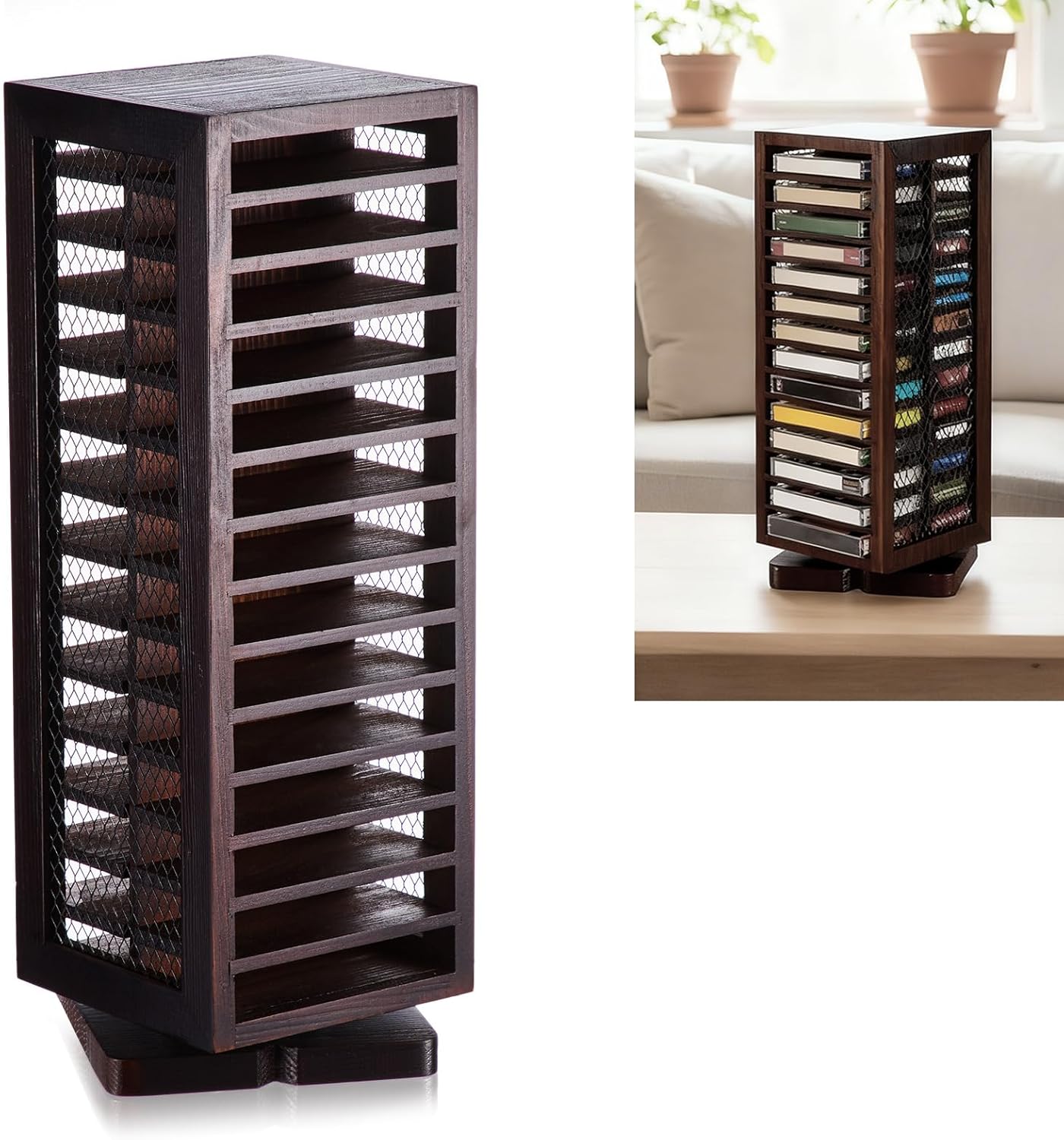 Ripeng Cassette Tape Holder, 28 Capacity 360° Rotating Double Sided Storage Rack, Rustic Brown Metal & Wood Display Shelf for Home, Music Studio