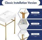 Eridanus 24"x16" Console Bathroom Sink, Free Standing 30 Inch Chrome Steel Support Pedestal Legs, Wall Mount White Vessel Ceramic Vanity Basin Modern Rectangular Sinks Porcelain, Brushed Gold