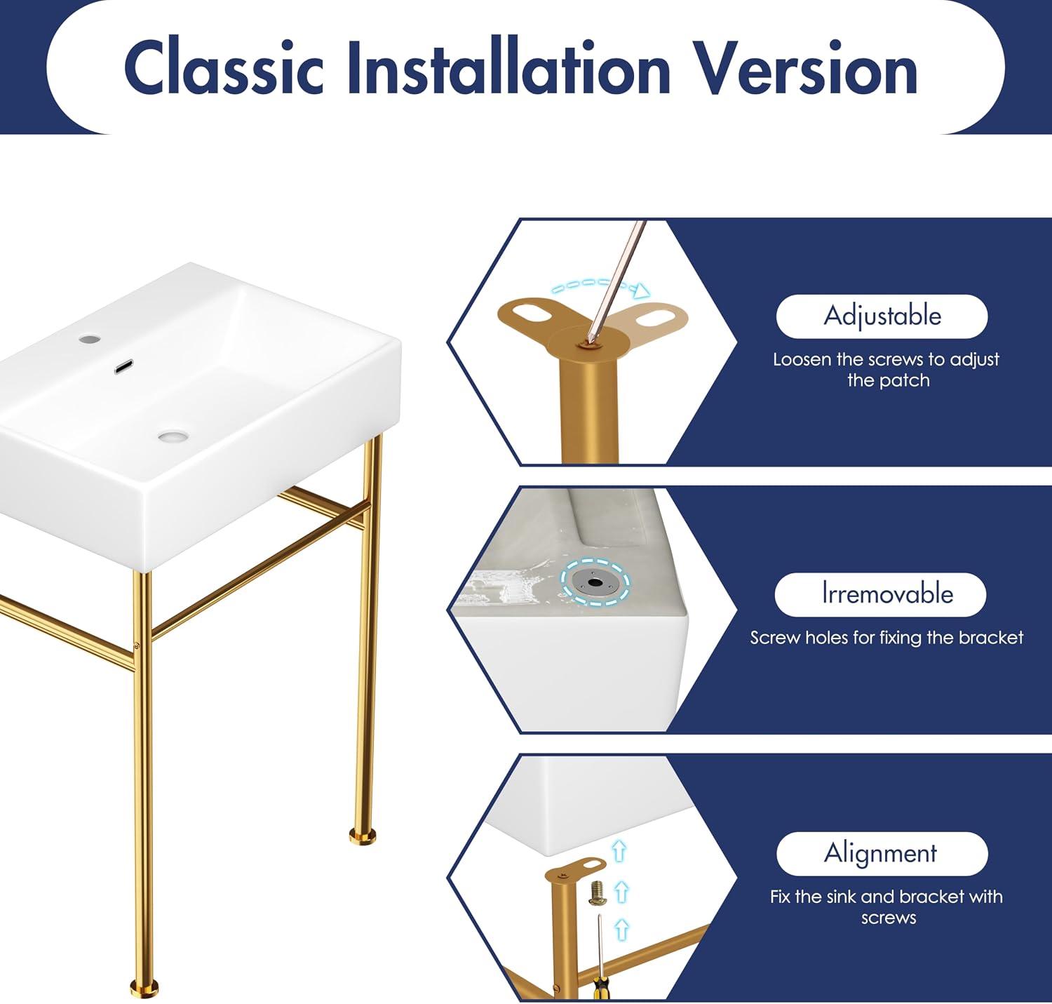 Eridanus 24"x16" Console Bathroom Sink, Free Standing 30 Inch Chrome Steel Support Pedestal Legs, Wall Mount White Vessel Ceramic Vanity Basin Modern Rectangular Sinks Porcelain, Brushed Gold