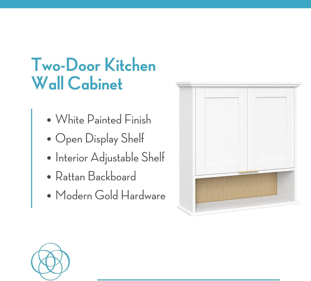 RiverRidge Two-Door Kitchen Storage Wall Cabinet with Woven Rattan Backboard, Soft-Close Hinges, and Adjustable Shelving Wall-Mounted Pantry Cabinet with - White