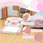 13PCS Modular Kids Play Couch with Washable Velvet Cover, Modular Couch for Boys and Girls, Convertible Foam and Floor Cushion for Nursery Playroom, Pink & Beige