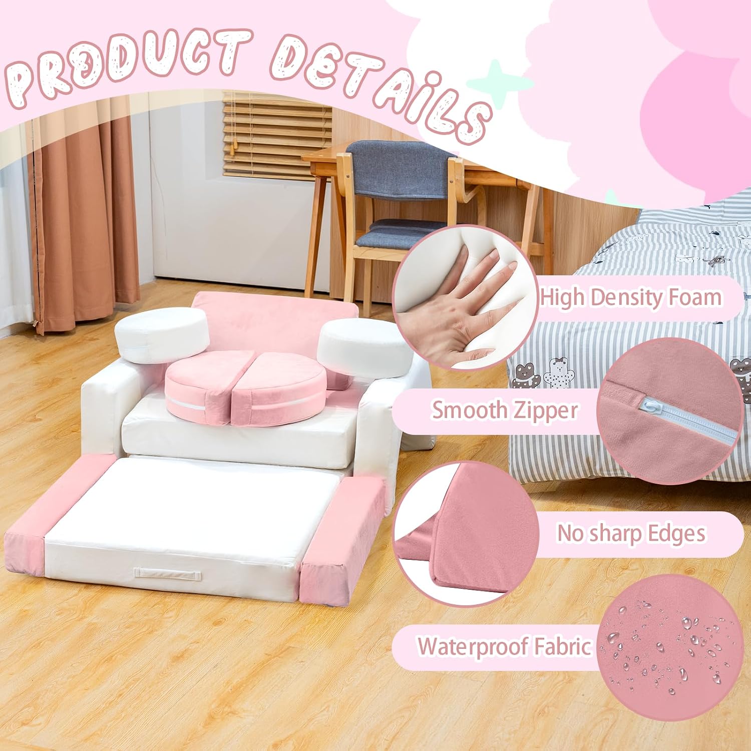 13PCS Modular Kids Play Couch with Washable Velvet Cover, Modular Couch for Boys and Girls, Convertible Foam and Floor Cushion for Nursery Playroom, Pink & Beige
