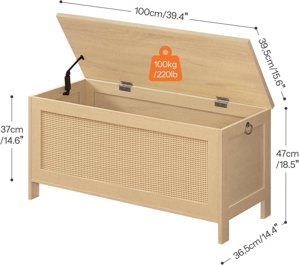 HOOBRO 39.4'' Storage Bench, Large Toy Box, Storage Chest with Faux Rattan Decoration, Toy Storage Organizer, Safety Hinge and Sturdy Support, for Living Room, Bedroom, Natural NL101CW01