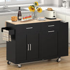 Bigbiglife Kitchen Island with Storage, 50.8" Rolling Kitchen Island Cart with Drop Leaf & Storage - Mobile Kitchen Organizer with Wheels, Rubberwood Top, Trash Can Cabinet & Towel Rack, Black