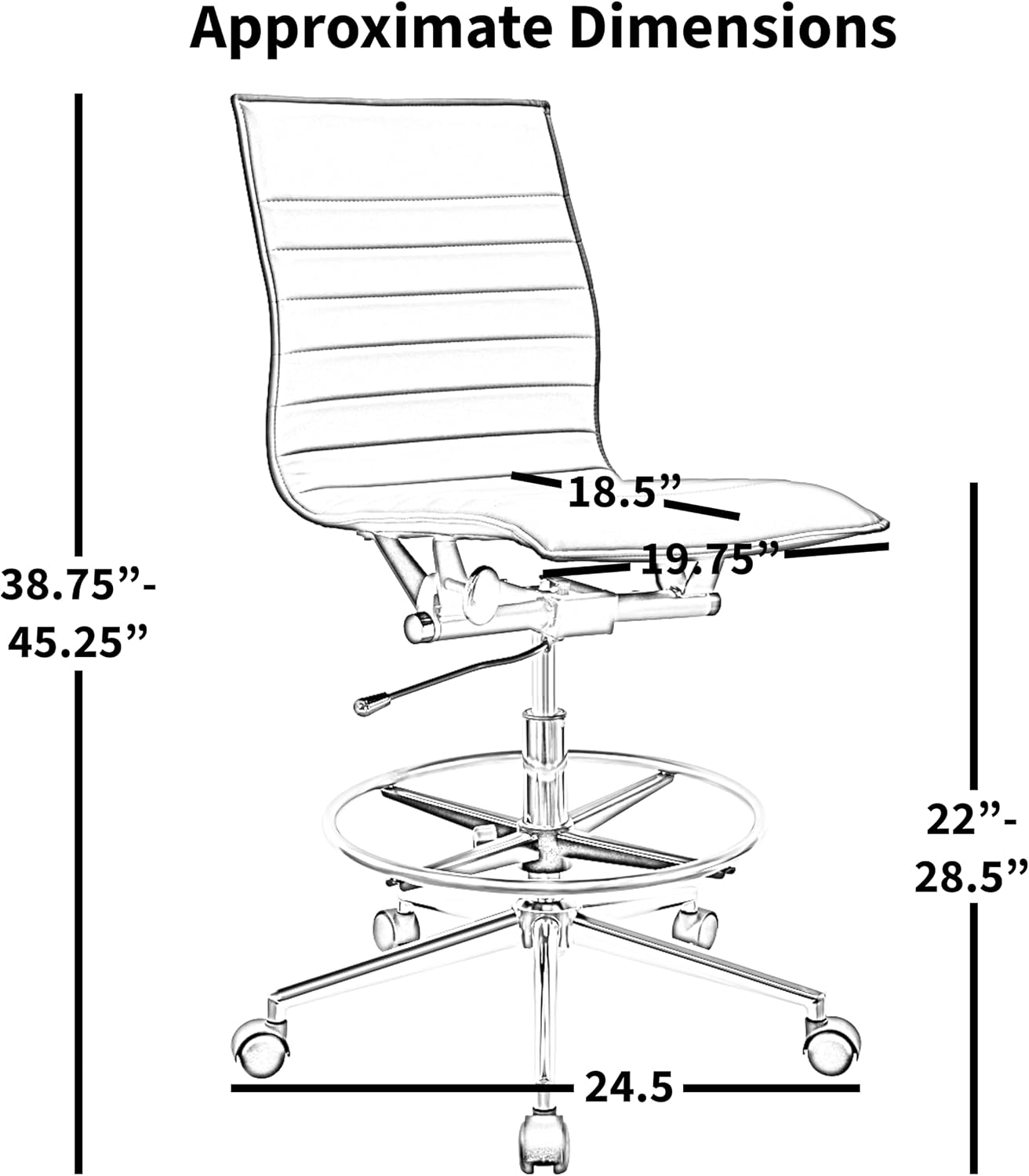 2xhome Modern Drafting Chair | Upholstered PU Leather Ribbed | Tall Adjustable Swivel Base with Leg Rest and Tilt Lock for Computer, Home, Executive, Conference (1, White, Armless)