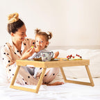Round Side Table for Small Spaces，Bamboo Bed Tray Table with Foldable Legs