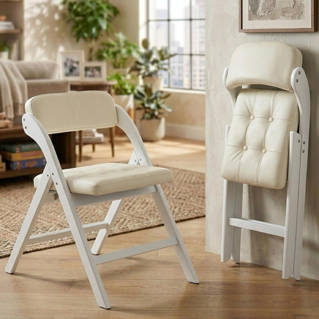 Wood Folding Chairs Set of 2, Upholstered Foldable Dining Chairs with Padded Seat and Backrest, Portable Accent Chairs for Kitchen, Dining Room, Apartment, Office, Guest Seating, White