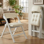 Wood Folding Chairs Set of 2, Upholstered Foldable Dining Chairs with Padded Seat and Backrest, Portable Accent Chairs for Kitchen, Dining Room, Apartment, Office, Guest Seating, White