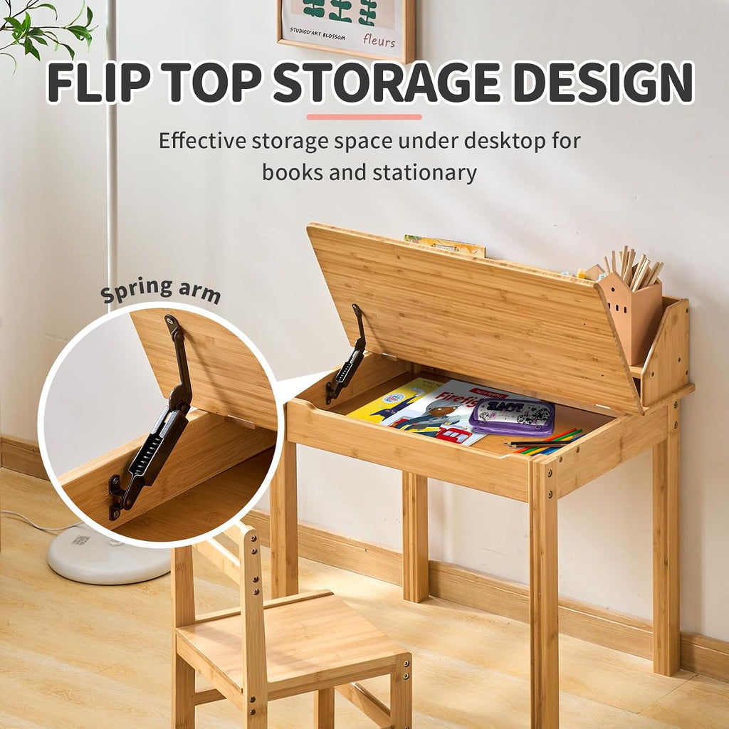 UNICOO Bamboo Toddler Desk and Chair Set with Lift-Top Storage, Kids Study Table with Hutch and Bookshelf, Writing Reading Art Desk for Boys and Girls Ages 3-8