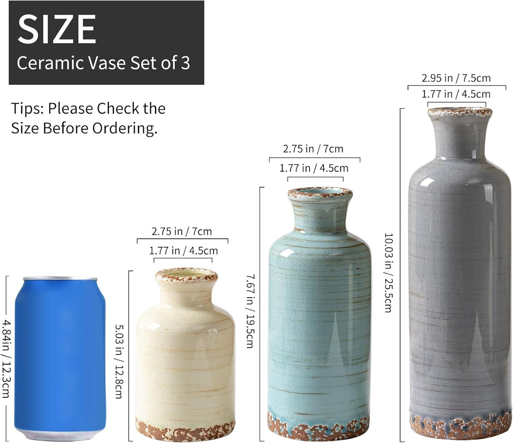 Ceramic Vases Set of 3, Modern Rustic Decorative Flower Vases for Farmhouse Home Decor, Table Shelf Mantel, Living Room, Entryway, Kitchen Centerpiece – Modern Rustic