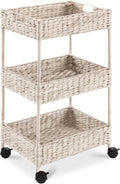 Best Choice Products 3-Tier Water Hyacinth Rolling Nursery Caddy w/Wheels, Utility Cart, Storage Organization for Bathroom, Craft Room, Laundry Room - Whitewash