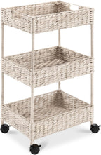 Best Choice Products 3-Tier Water Hyacinth Rolling Nursery Caddy w/Wheels, Utility Cart, Storage Organization for Bathroom, Craft Room, Laundry Room - Whitewash