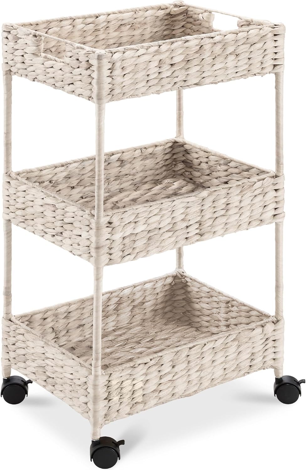 Best Choice Products 3-Tier Water Hyacinth Rolling Nursery Caddy w/Wheels, Utility Cart, Storage Organization for Bathroom, Craft Room, Laundry Room - Whitewash