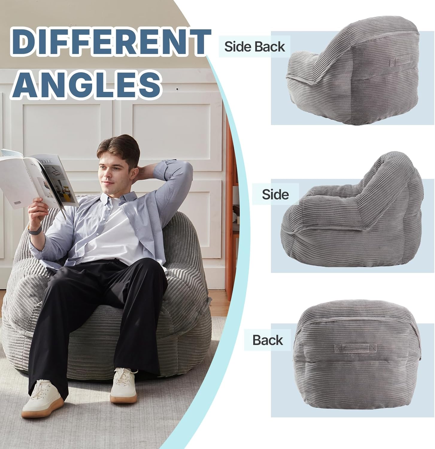 EBENCHICO Giant Bean Bag Chair for Adults and Teens, Corduroy Large Bean Bag Chairs with Armrests, Adult BeanBag Sofa Couch Chairs with Filler, Comfy Reading Chair Floor Sofa for Gaming, Napping