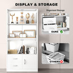 Display Cabinet with Glass Doors, 4-Tier Display Case with 3-Color Lights & Human Body Sensor, Storage Cabinets with 3 Shelves & 2 Drawers for Collectibles/Living/Dining/Game Room, White