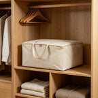 2 Pack Soft Canvas Storage Bag, 23.6x10.2x19.3 inch Large Comforter Organizer, Breathable Closet Organizer Bag with Handles, Comforter Storage Bags for Blankets Bedding Clothes Pillows, Beige