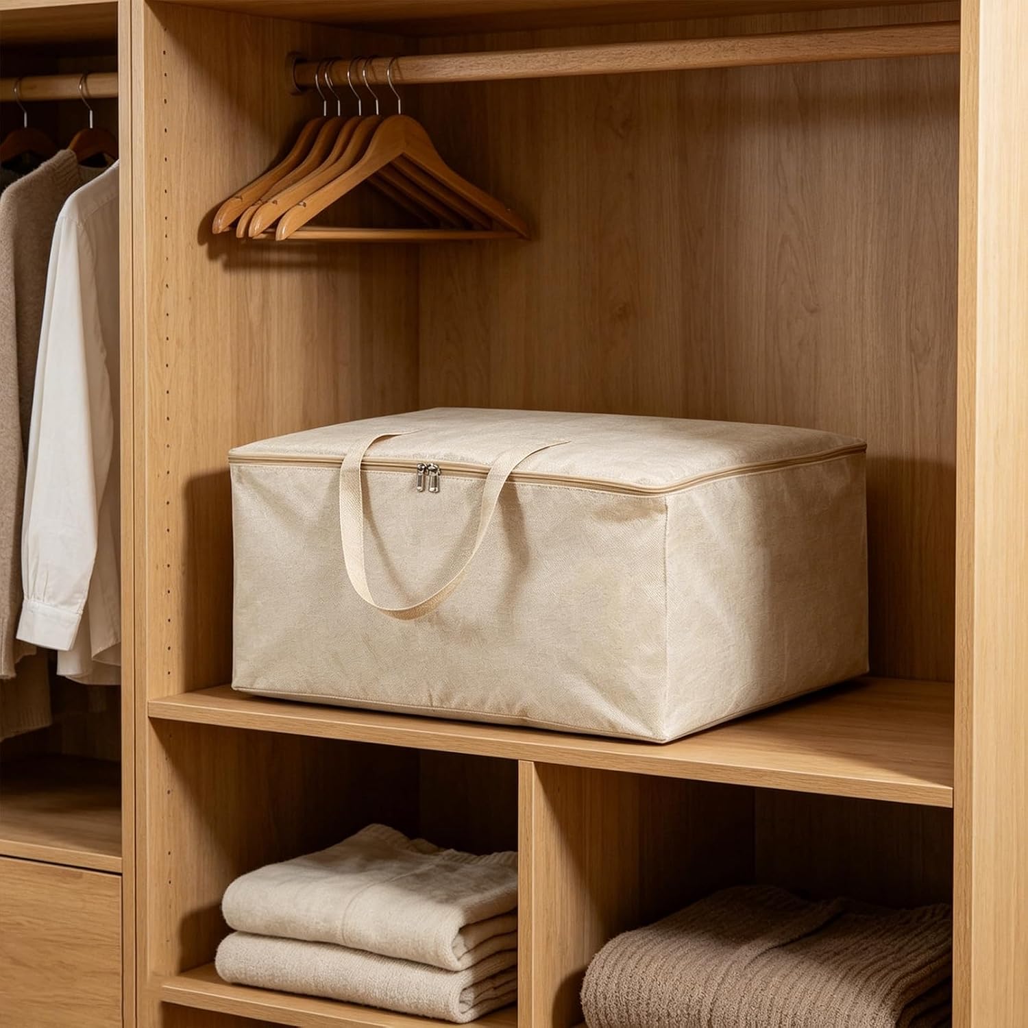 2 Pack Soft Canvas Storage Bag, 23.6x10.2x19.3 inch Large Comforter Organizer, Breathable Closet Organizer Bag with Handles, Comforter Storage Bags for Blankets Bedding Clothes Pillows, Beige