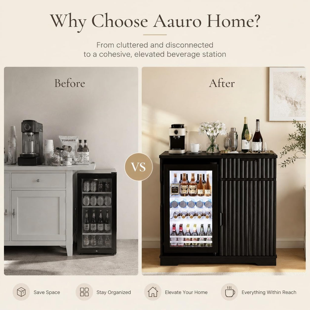 Mini Fridge Cabinet (Fridge Included), Fluted Coffee Bar Cabinet with Refrigerator, Pull Out Drawer & Storage Cabinets, 31.5" Liquor Wine Bar Cabinet for Home, Kitchen, Dining Room, Blac