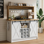 4ever2buy Farmhouse Coffee Bar with Hutch, Coffee Bar with Storage & 6 Hooks, 47 Inch Bar Cabinet with Sliding Barn Door and Adjustable Shelves for Living Room Kitchen, White