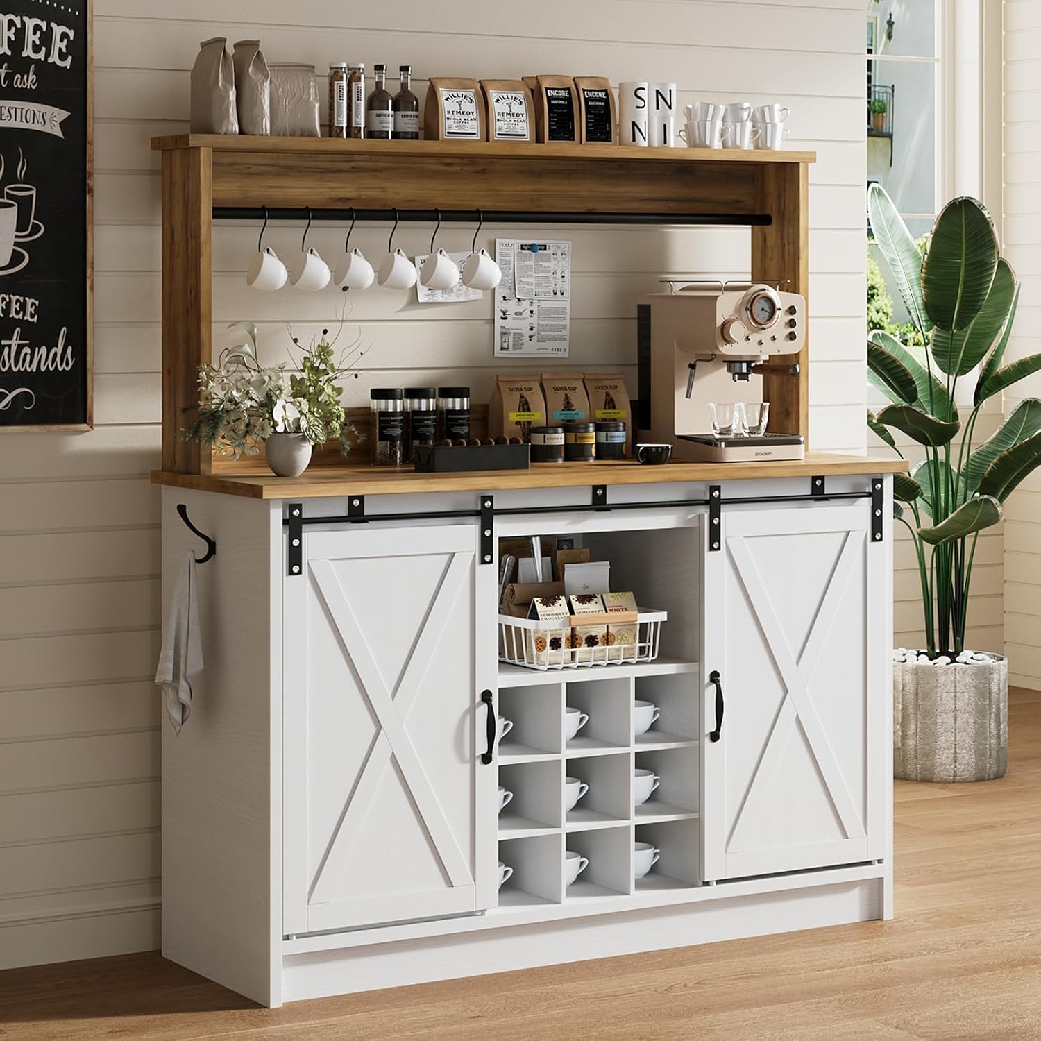 4ever2buy Farmhouse Coffee Bar with Hutch, Coffee Bar with Storage & 6 Hooks, 47 Inch Bar Cabinet with Sliding Barn Door and Adjustable Shelves for Living Room Kitchen, White