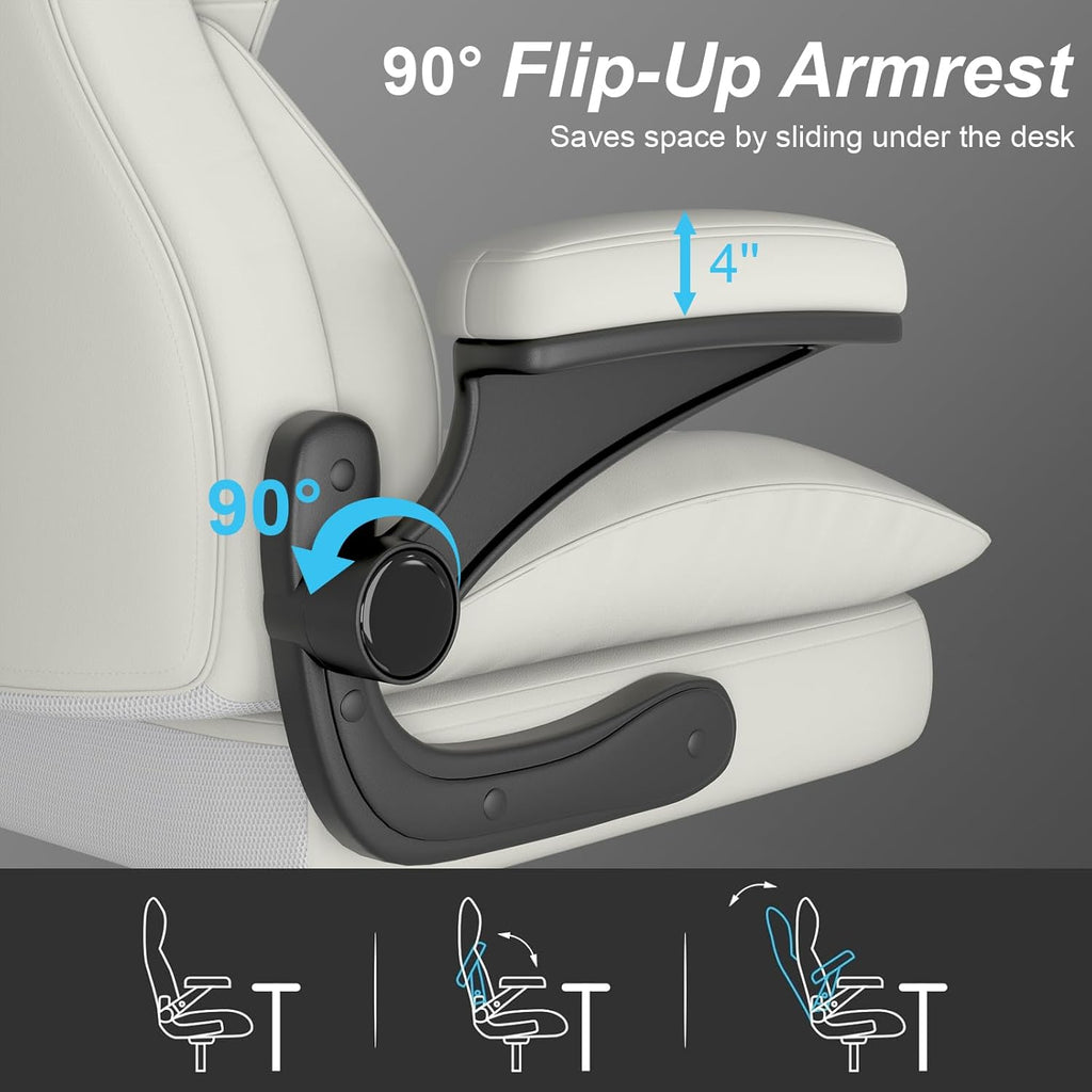 Office Chair, Home Desk Chair, Ergonomic Computer Chair with Lumbar Support, Executive Leather Chair with Flip-Up Armrests, Big and Tall Swivel Rolling Chair, White