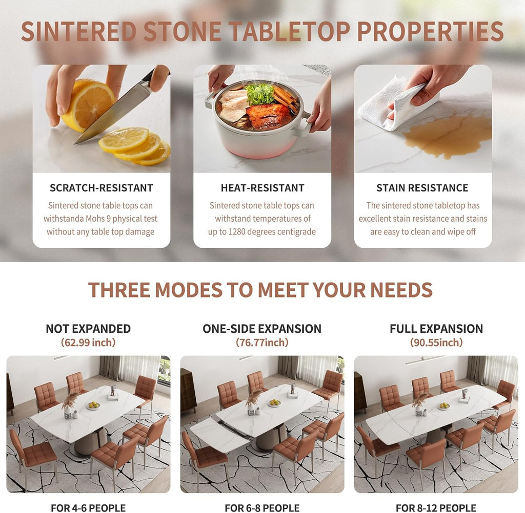 90" Extendable Dining Table – Sintered Stone Top, White, Seats 8-10, Telescopic Leaves, Leather Base, Modern Desig（Table Only