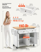 VEVOR Kitchen Island Cart with Storage, 43.7 in Wide Mobile Rolling Storage Island on Swivel Wheels, with 2 Drawers, Storage Cabinet, Spice/Towel Rack, Hooks, Table for Home Dining Room, White